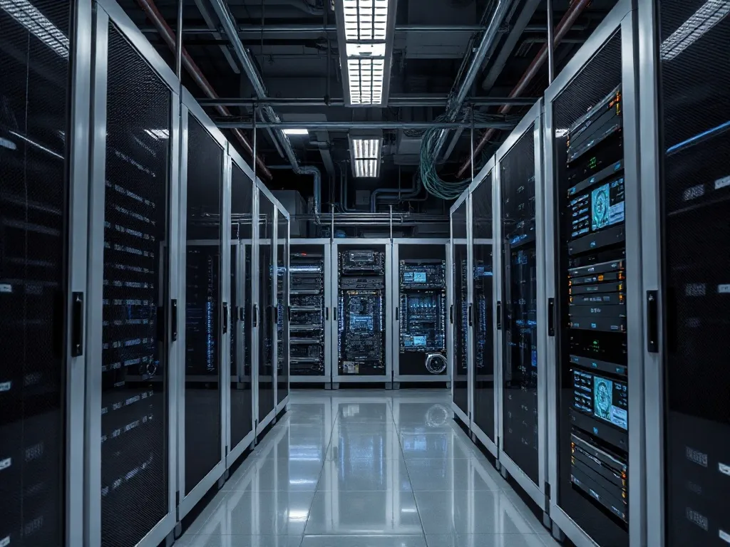 A high-tech laboratory environment with server racks and dig