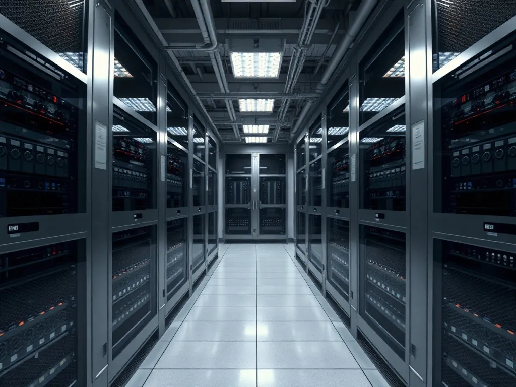 Industrial high-tech server room with clean lines, silver an