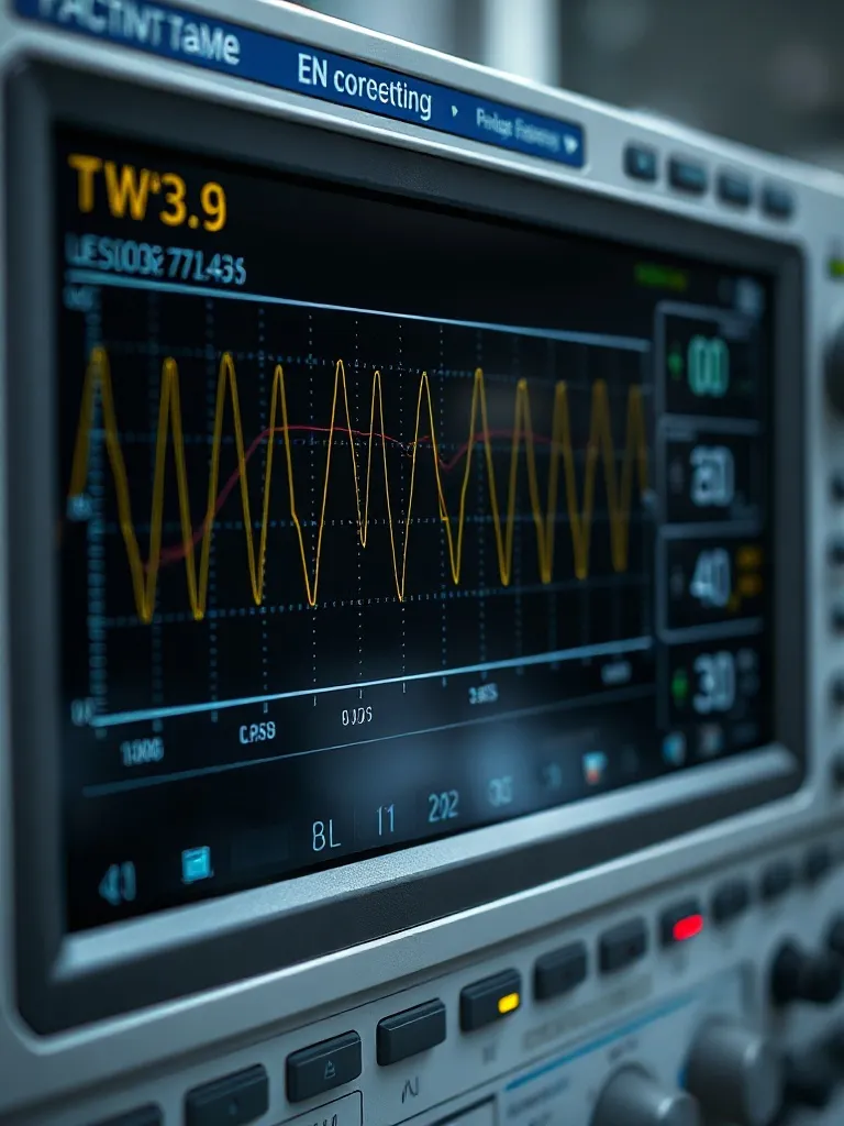 Close up of a professional digital oscilloscope screen showi