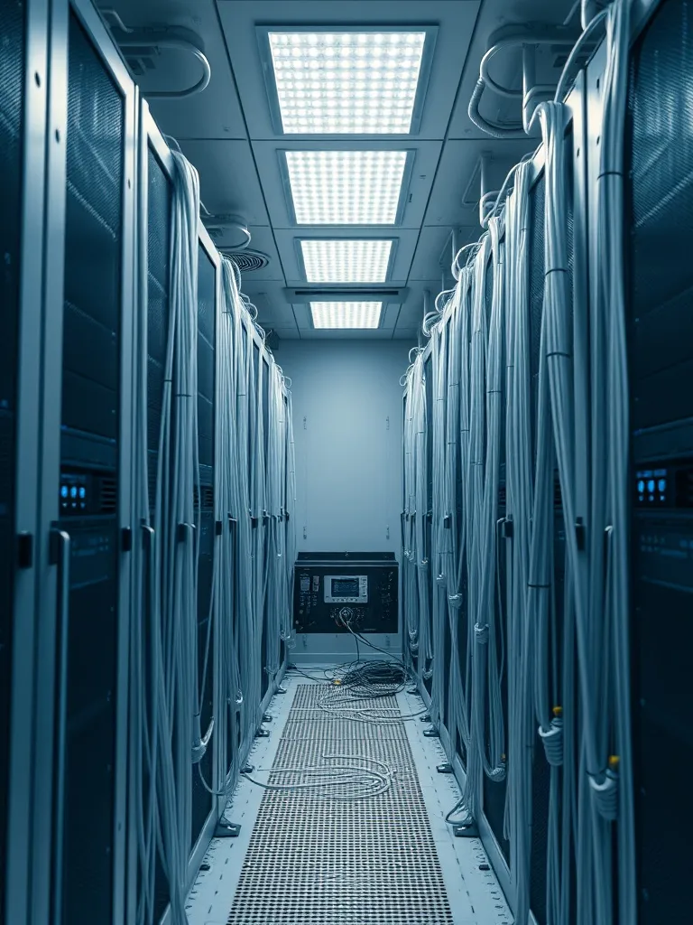 High-tech server room with silver cables and minimalist hard