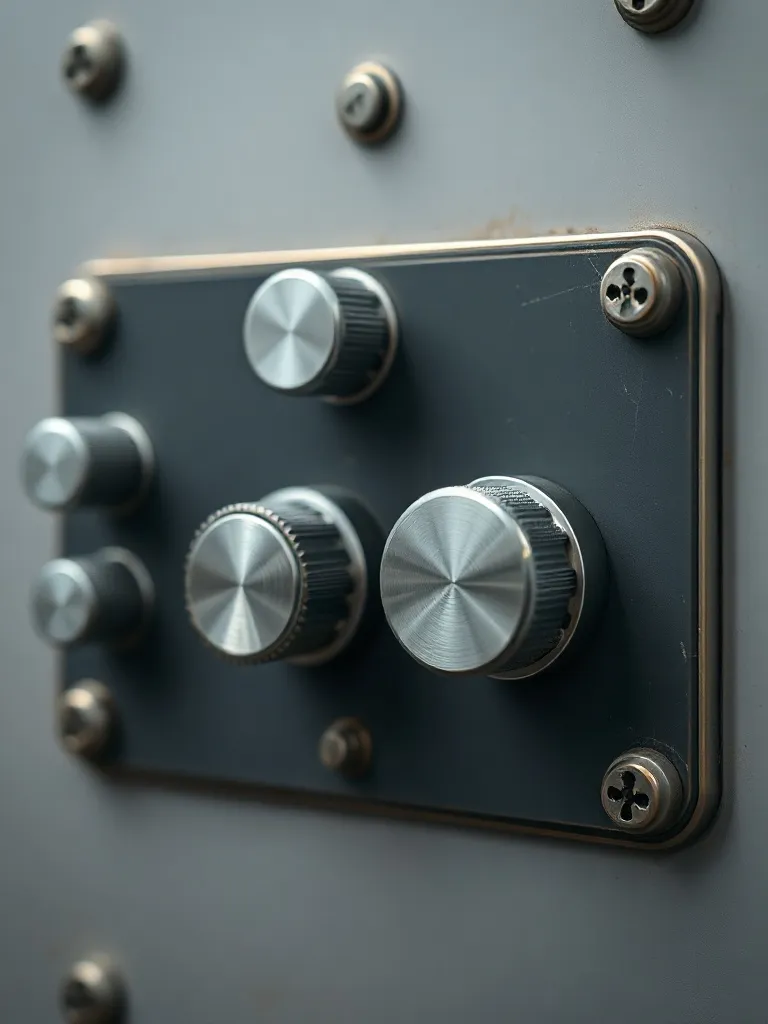 Macro photography of a mechanical control panel, metallic bu