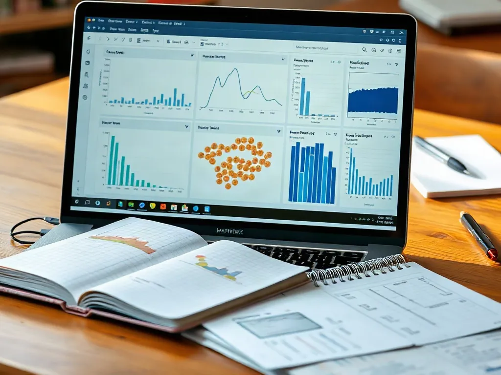 Mesa de trabajo con un cuaderno de análisis de datos en Python y gráficos impresos