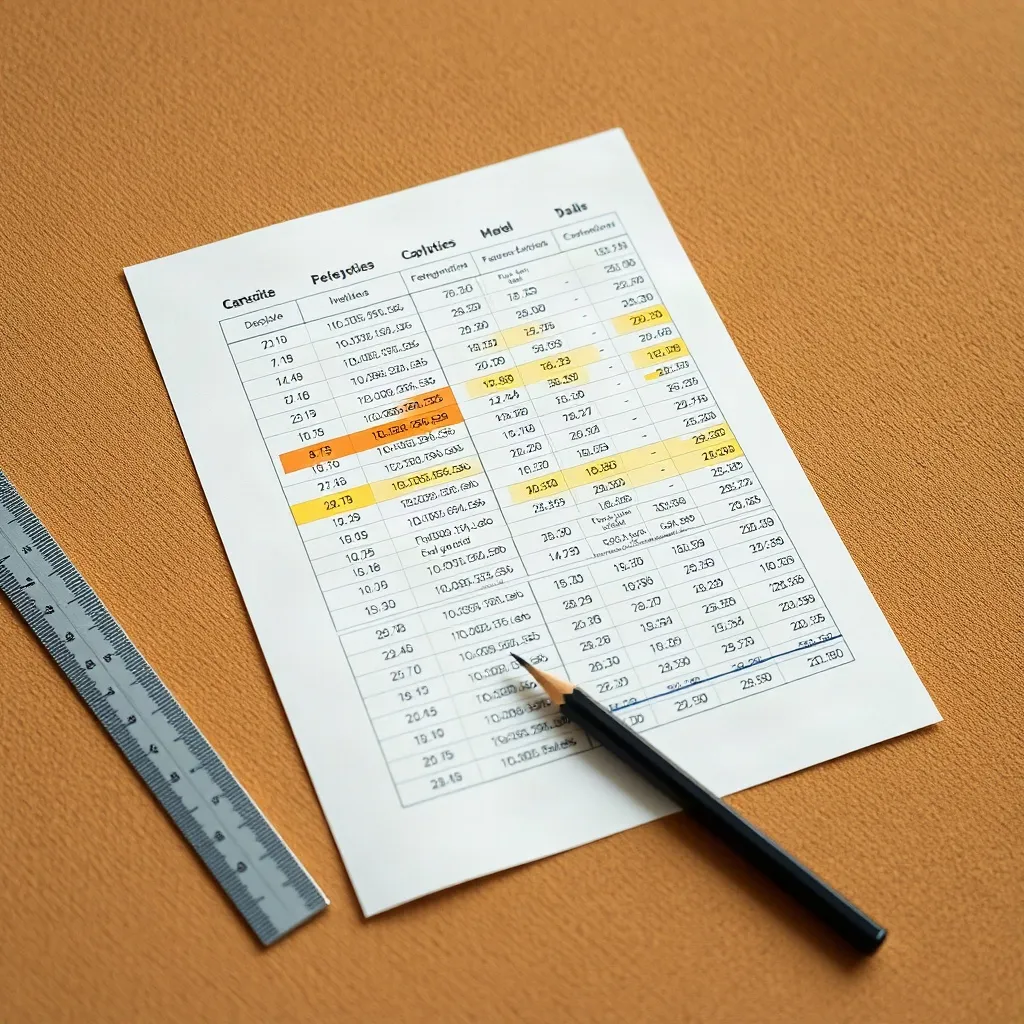 Hoja impresa del conjunto de datos con columnas destacadas