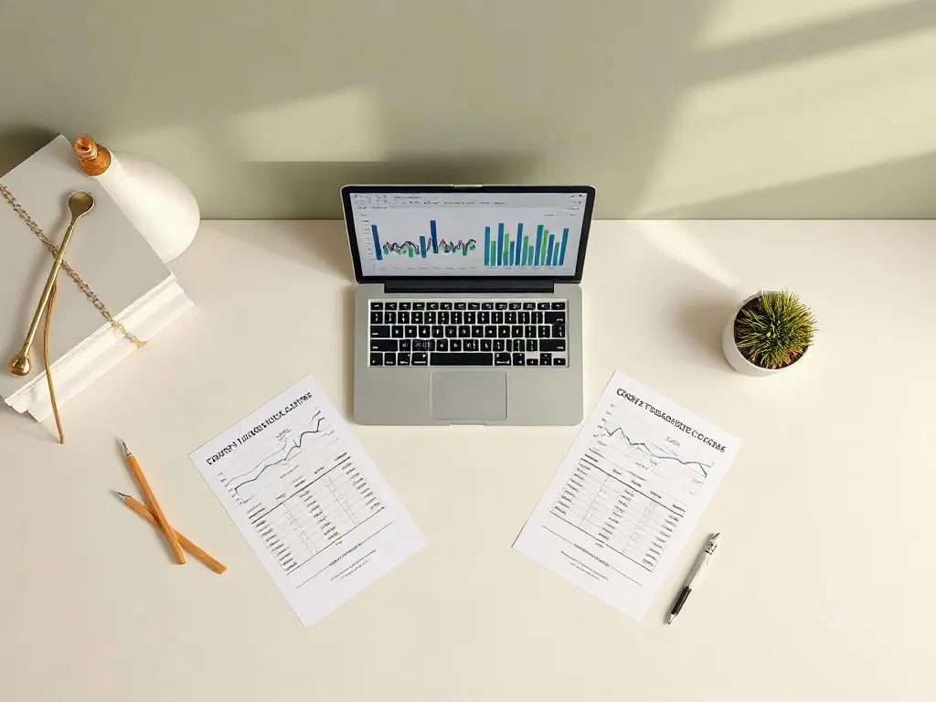 Puesto de trabajo con portátil mostrando gráficos estadísticos y tablas de correlación impresas