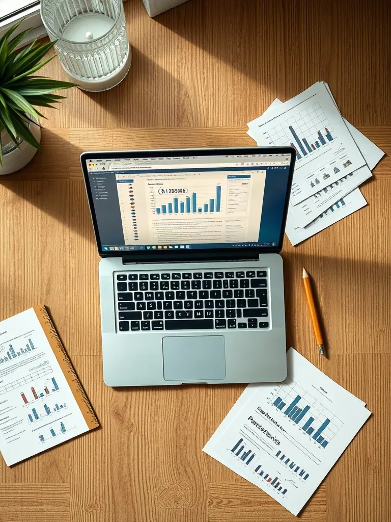 Cuaderno de análisis con tablas de datos y gráficos de dispersión sobre una mesa de trabajo