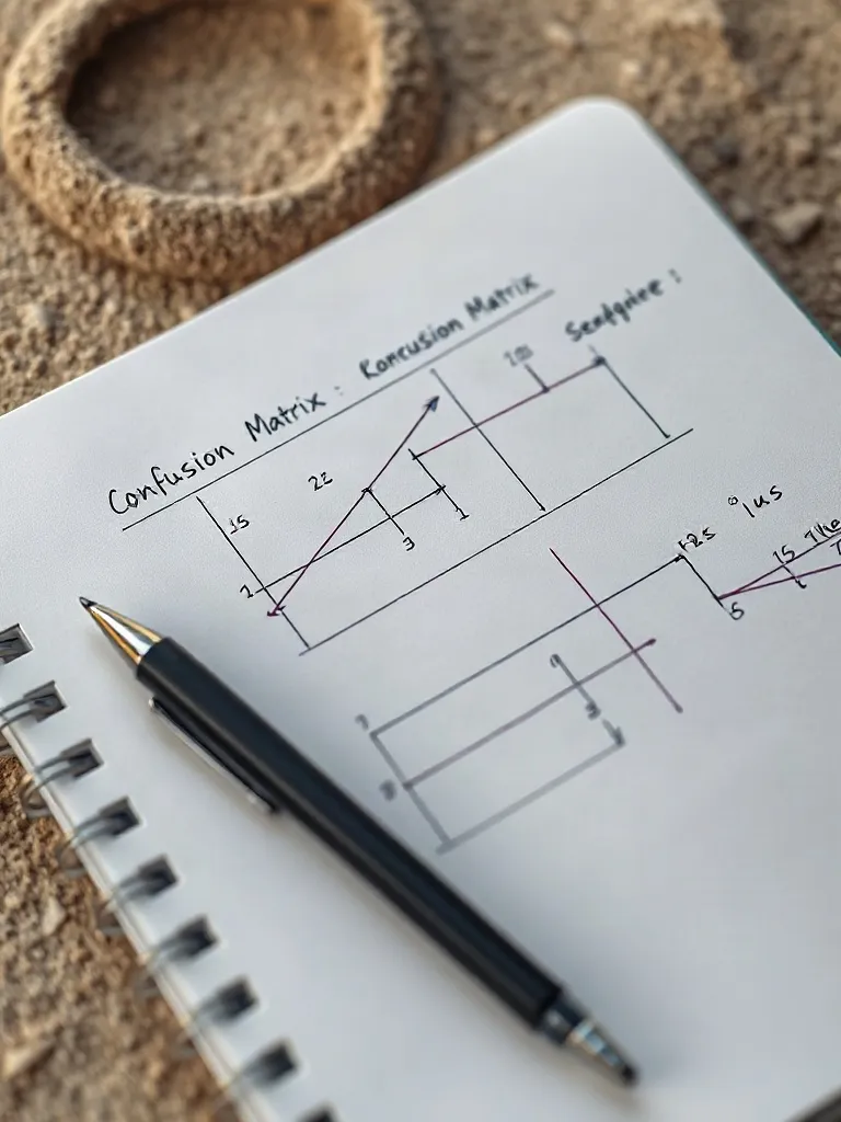 Página de cuaderno con matriz de confusión y gráficos de residuos dibujados a mano