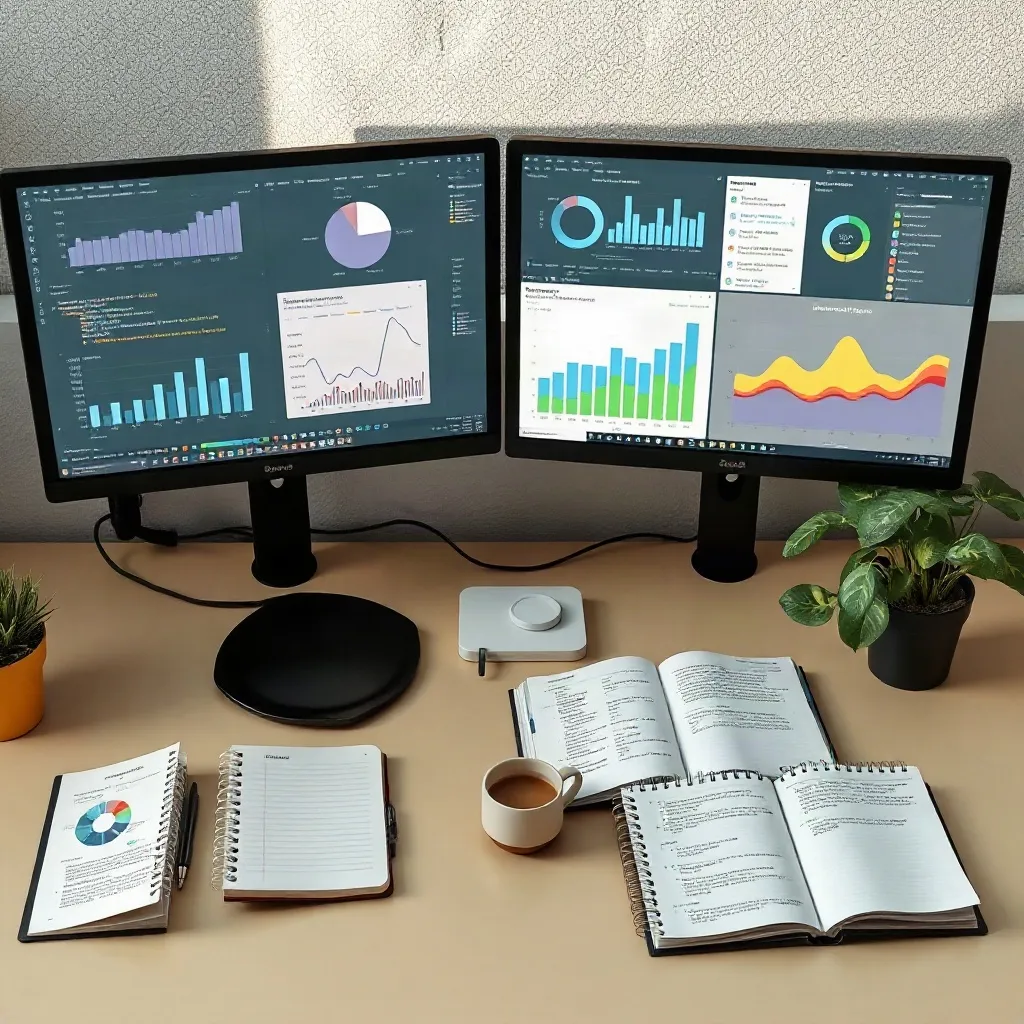 Puesto de trabajo con cuaderno de análisis y pantallas de datos